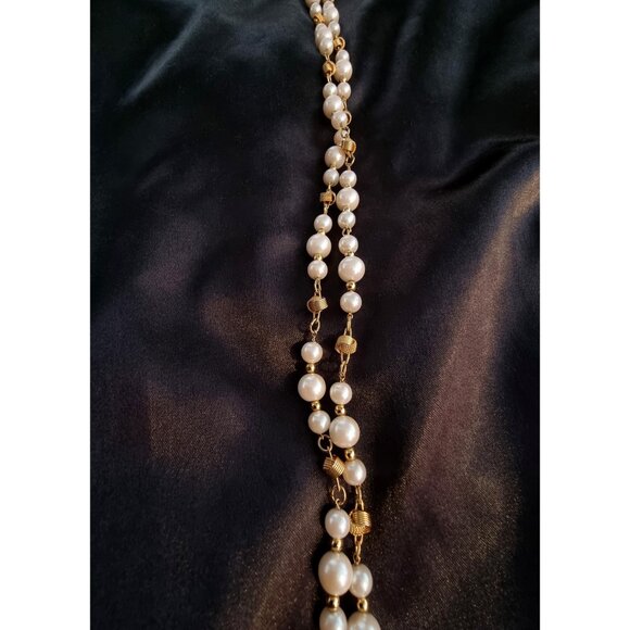 Vintage TRIFARI 1990s Faux Pearl Gold Tone Filigree Link Long Strand Necklace - Picture 4 of 5